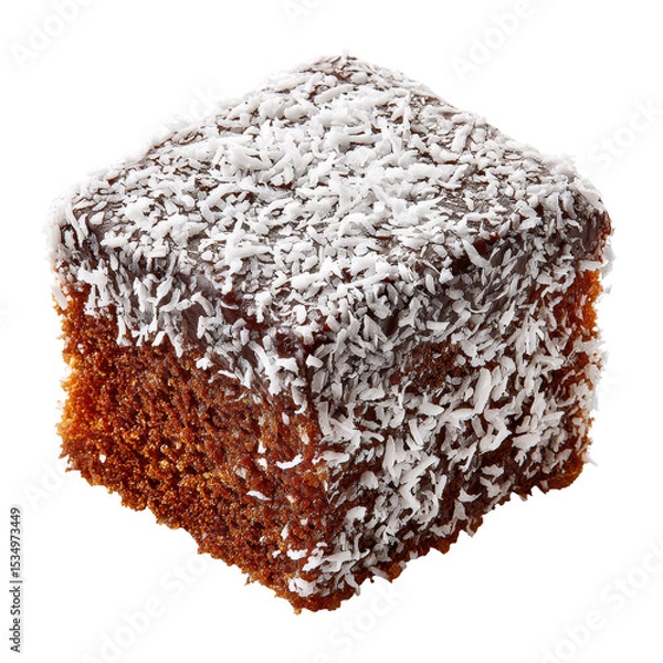 Obraz Delicious coconut-covered chocolate cake cube on white background. transparent background