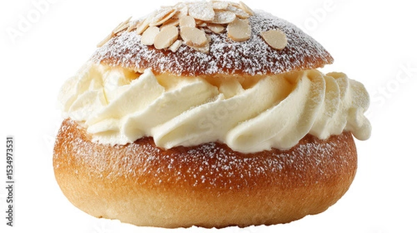Obraz Delicious cream-filled pastry topped with almonds and powdered sugar. transparent background