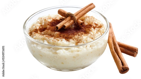 Obraz Delicious creamy rice pudding topped with cinnamon sticks. transparent background