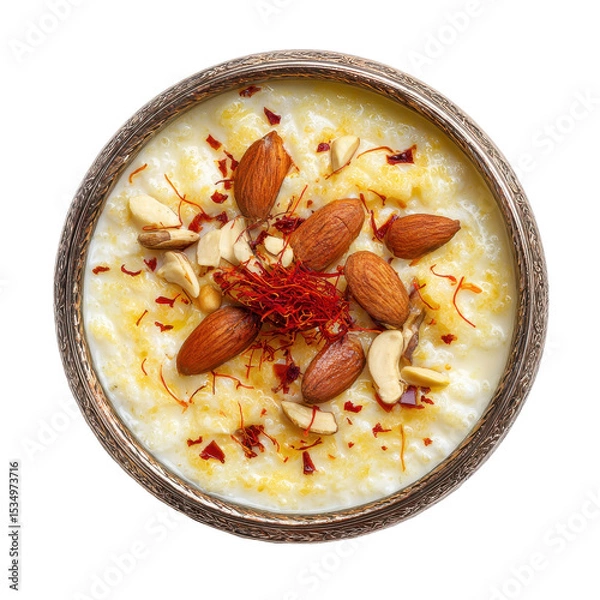 Obraz Delicious creamy dessert topped with nuts and saffron strands. transparent background