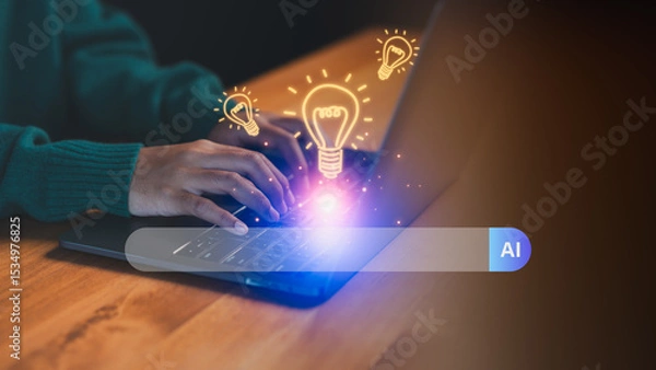 Fototapeta Hands typing on a laptop with glowing light bulbs and AI search bar. Concept of represents online searching, research, artificial intelligence, creative tech, ideas, digital information gathering.