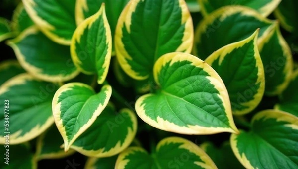 Obraz Variegated green hosta foliage, creamy yellow edges , leaves, green