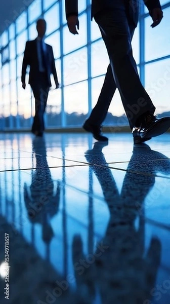 Fototapeta Two businesspeople walking in a modern office with large windows and reflective floors during daylight.