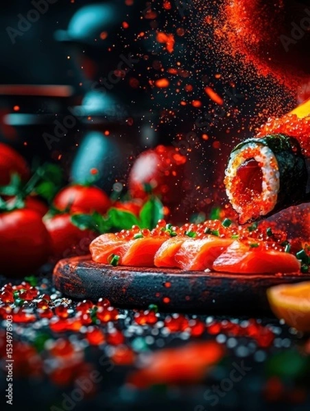 Fototapeta Close-up of sushi rolls with vibrant red fish, sprinkled with red spices and garnished with fresh greens on a dark surface.