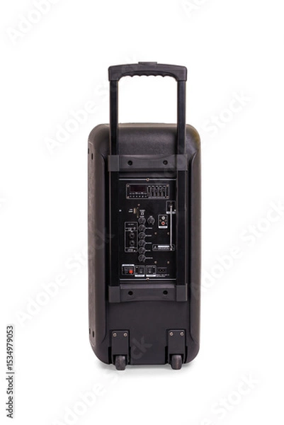 Fototapeta Audio loudspeaker box with clipping path isolated on white background. Black speaker cabinet amplifier. Rear view