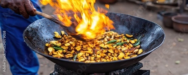 Fototapeta The chef cooking on the pan with fire feeling hot.