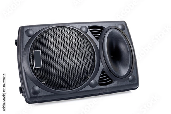 Fototapeta Audio loudspeaker box with clipping path isolated on white background. Black speaker cabinet amplifier