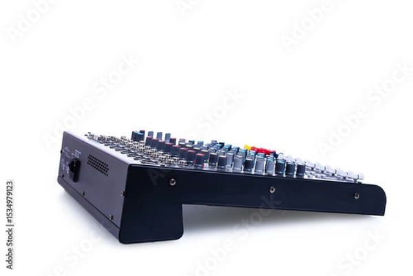 Fototapeta Audio sound mixer with clipping path isolated on white background. Modern audio mixer of professional. Side view