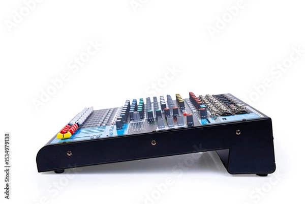 Fototapeta Audio sound mixer with clipping path isolated on white background. Modern audio mixer of professional. Side view