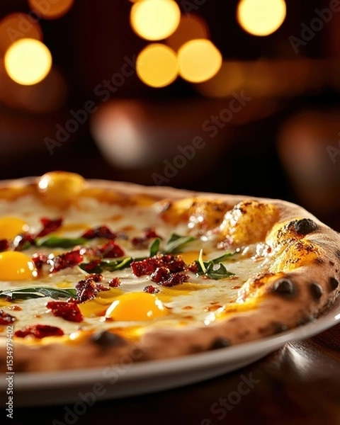 Fototapeta Close-up of a gourmet pizza topped with egg yolks, sun-dried tomatoes, and fresh spinach on a plate with warm bokeh lights in the background.