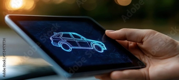 Fototapeta A hand holds a tablet displaying a digital hologram of a car, symbolizing futuristic automotive technology and innovation.