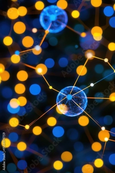 Fototapeta Abstract digital network with interconnected nodes and glowing spheres in blue and orange hues against a dark background.