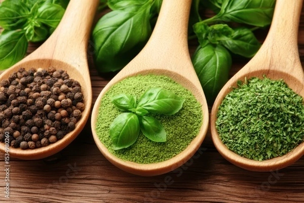 Fototapeta Three wooden spoons hold black peppercorns, green powdered herbs, and dried herbs, with fresh basil leaves in the background on a rustic wooden surface.