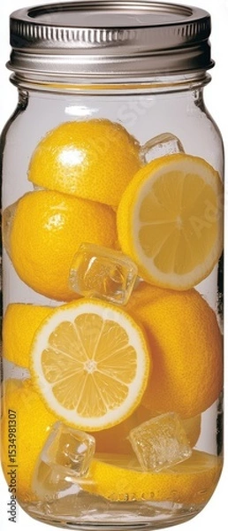Fototapeta A clear jar filled with whole and sliced lemons and ice cubes, showcasing a refreshing citrus arrangement.