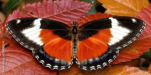 Fototapeta A vibrant butterfly with striking black, white, and orange wings rests on reddish-orange autumn leaves.