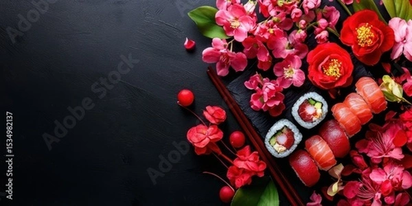 Fototapeta A vibrant sushi platter with various rolls and nigiri, accompanied by pink blossoms and red chopsticks on a black textured background.
