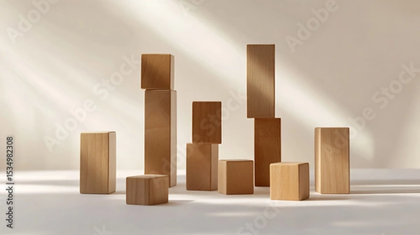 Fototapeta Arrangement of Wooden Cubes in a Minimalist Setting