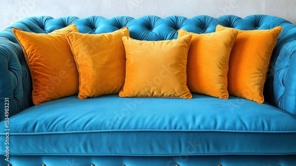 Fototapeta Teal velvet sofa with orange pillows