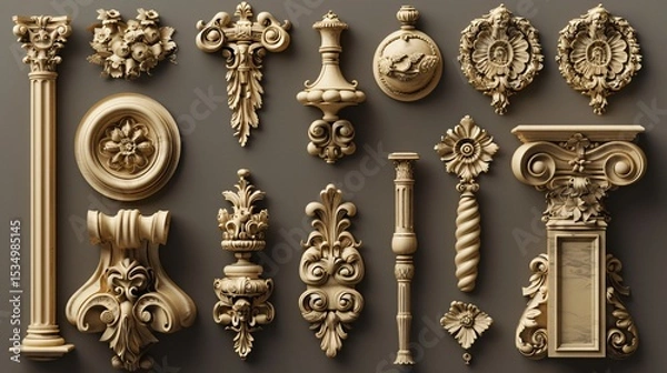 Fototapeta assortment of intricately crafted golden ornamental decor elements, showcasing luxurious and elegant designs