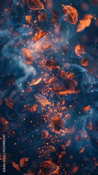 Fototapeta Golden autumn leaves gracefully drift through a mystical, glowing atmosphere with warm, fiery hues contrasting against a cool, blue-toned background.  