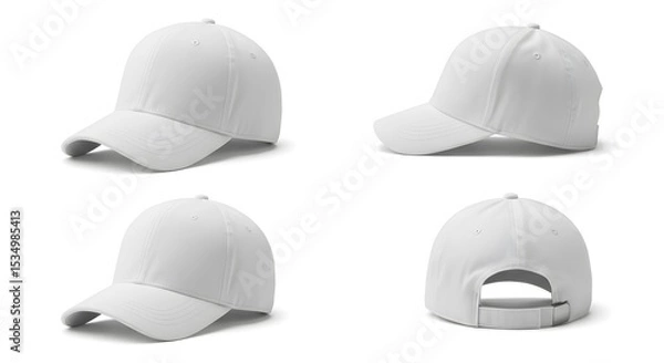 Fototapeta White Baseball Cap Mockup Set, Front, Side and Back View, Isolated on White Background