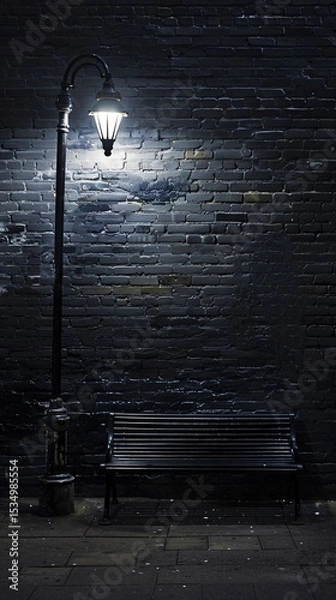 Fototapeta A solitary bench beneath an old-fashioned lamp casts a quiet, moody aura against a dark brick wa