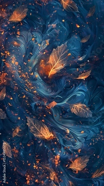 Fototapeta Golden autumn leaves gracefully drift through a mystical, glowing atmosphere with warm, fiery hues contrasting against a cool, blue-toned background.  