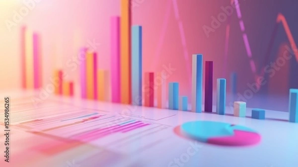 Obraz Income statement, layered graph data over clean background, 3D illustration.