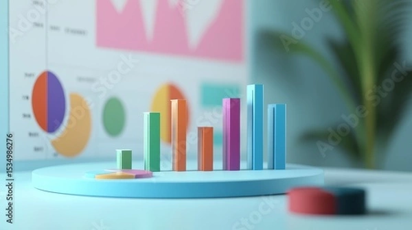 Fototapeta Income statement, layered graph data over clean background, 3D illustration.