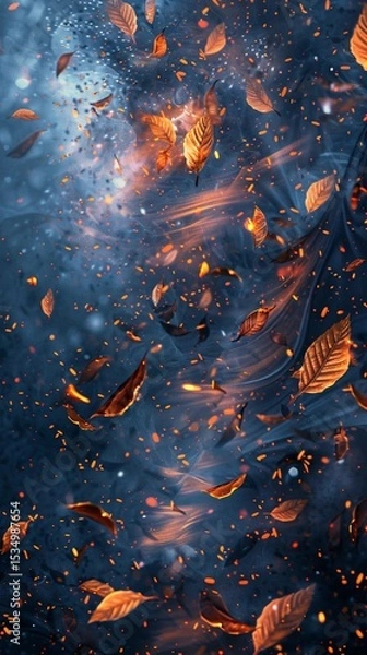 Fototapeta Golden autumn leaves gracefully drift through a mystical, glowing atmosphere with warm, fiery hues contrasting against a cool, blue-toned background.  