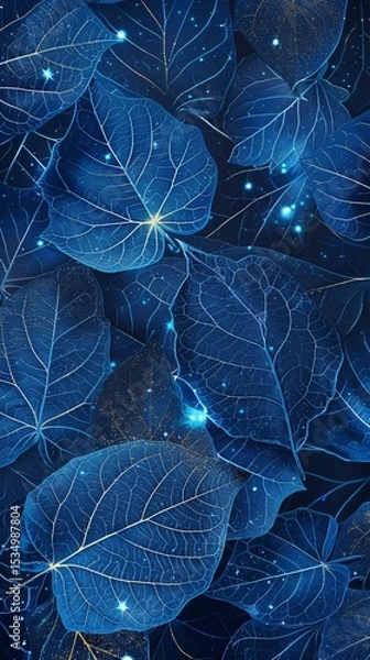 Fototapeta Delicately veined blue leaves shimmer with a magical glow, creating an enchanting, ethereal atmosphere.  