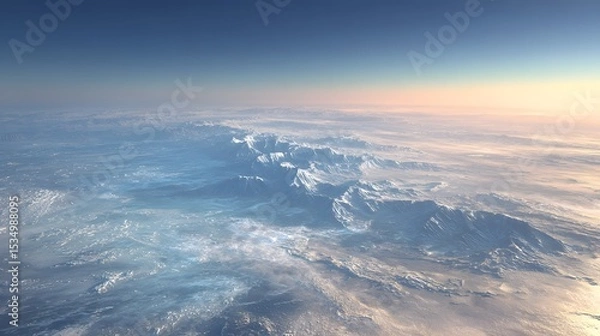 Fototapeta Isolated nature landscape of frozen tundra ice covered plain distant glacier soft polar light across horizon captured bird eye view arctic themed custom background cut out isolated transparent