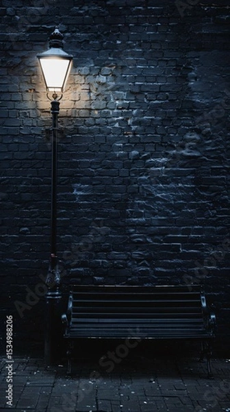 Fototapeta A solitary bench beneath an old-fashioned lamp casts a quiet, moody aura against a dark brick wa