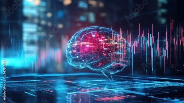 Obraz Tech finance concept, AI brain with data charts, 3D illustration. 