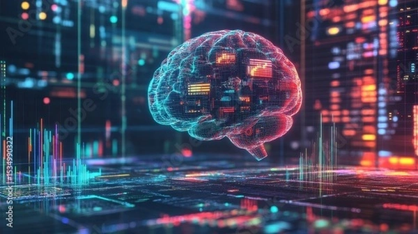 Fototapeta Tech finance concept, AI brain with data charts, 3D illustration. 