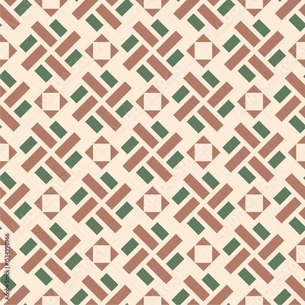 Obraz Elegant vintage geometric tile pattern with earthy brown, green, and cream tones, ideal for floor tiles, wall decor, textile prints, or digital backgrounds with a retro-modern aesthetic.
