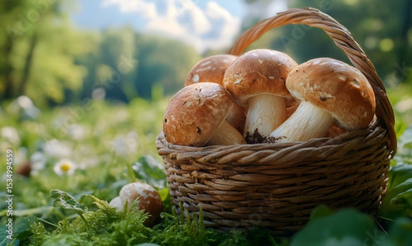 Fototapeta wicker basket filled with freshly picked mushrooms on green grass in a sunny forest meadow 