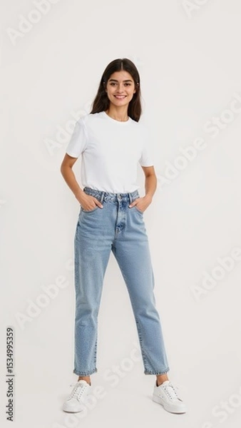 Obraz Full length of confident Egyptian girl smiling in a casual outfit in a white tshirt and jeans standing with her arm and leg crossed on plain white background