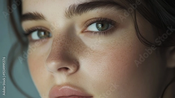 Fototapeta Radiant Beauty: A captivating portrait captures a woman's face, her gaze direct and alluring, revealing a flawless complexion and an air of serene confidence.