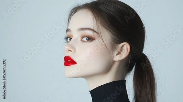 Fototapeta Sensual Allure: A captivating profile of a woman, her radiant skin and a vivid red lip paint a portrait of elegance and subtle sophistication.