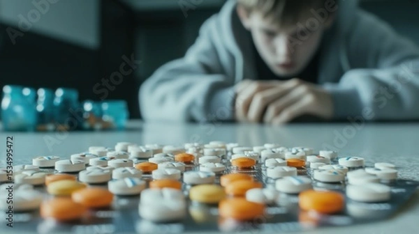 Fototapeta Despair and Pills: A young person, seemingly lost in thought, contemplates a collection of pills, evoking a sense of introspection.