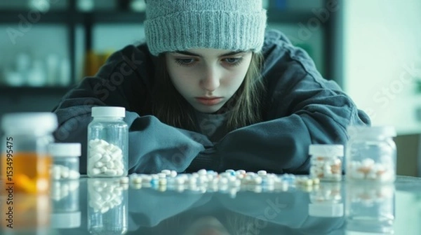 Fototapeta Overwhelmed: A young woman contemplates the array of pills spread before her, reflecting the complex interplay of healthcare and personal challenges.