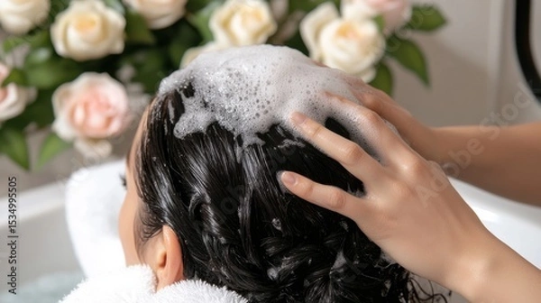 Fototapeta Serene Scalp Treatment: Capturing a moment of tranquil relaxation as a skilled pair of hands gently washes and massages the scalp, bringing about a feeling of rejuvenation, enhancing the experience.