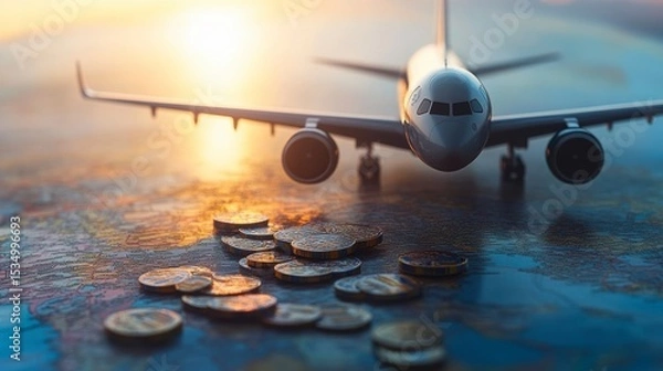 Fototapeta Airplane model on world map with coins, depicting travel cost.