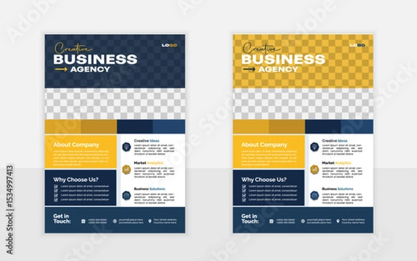 Obraz A4-size business flyer design template layout with rectangular  blue and orange shape