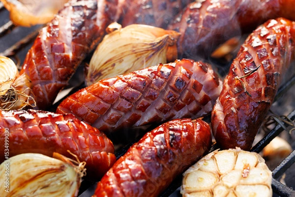 Obraz Grilled pork sausages with addition onion and garlic on a cast iron grill,  close up view