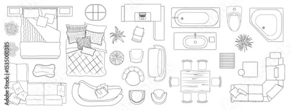 Fototapeta Furniture outline Top view. Set of line art elements for interior design house, apartment above view plan. Overhead contoured bed, sofa, chair, plant, table. Vector isolated, transparent background.