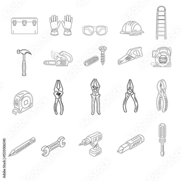 Fototapeta set of tools for construction. A collection of hand tools and power tools. Vector icon set of workshop tools, hand tools, power tools, and safety gear. Set of tools for repair.