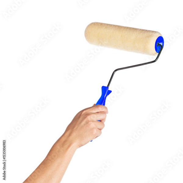 Fototapeta Hand holding blue paint roller on white background