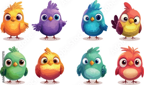Obraz Collection of eight colorful cartoon birds standing in a row each with unique feather colors and expressions perfect for children s illustrations or springtime designs
